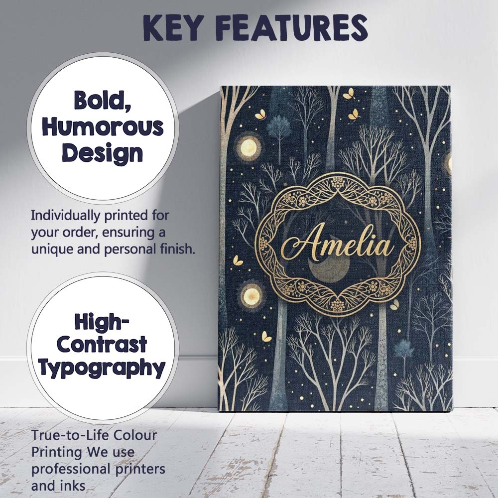 Personalised Name Mystical Forest Trees Moon Starry Night Seamless Custom Unique Canvas Wall Art Print Decor Picture Ready to Hang