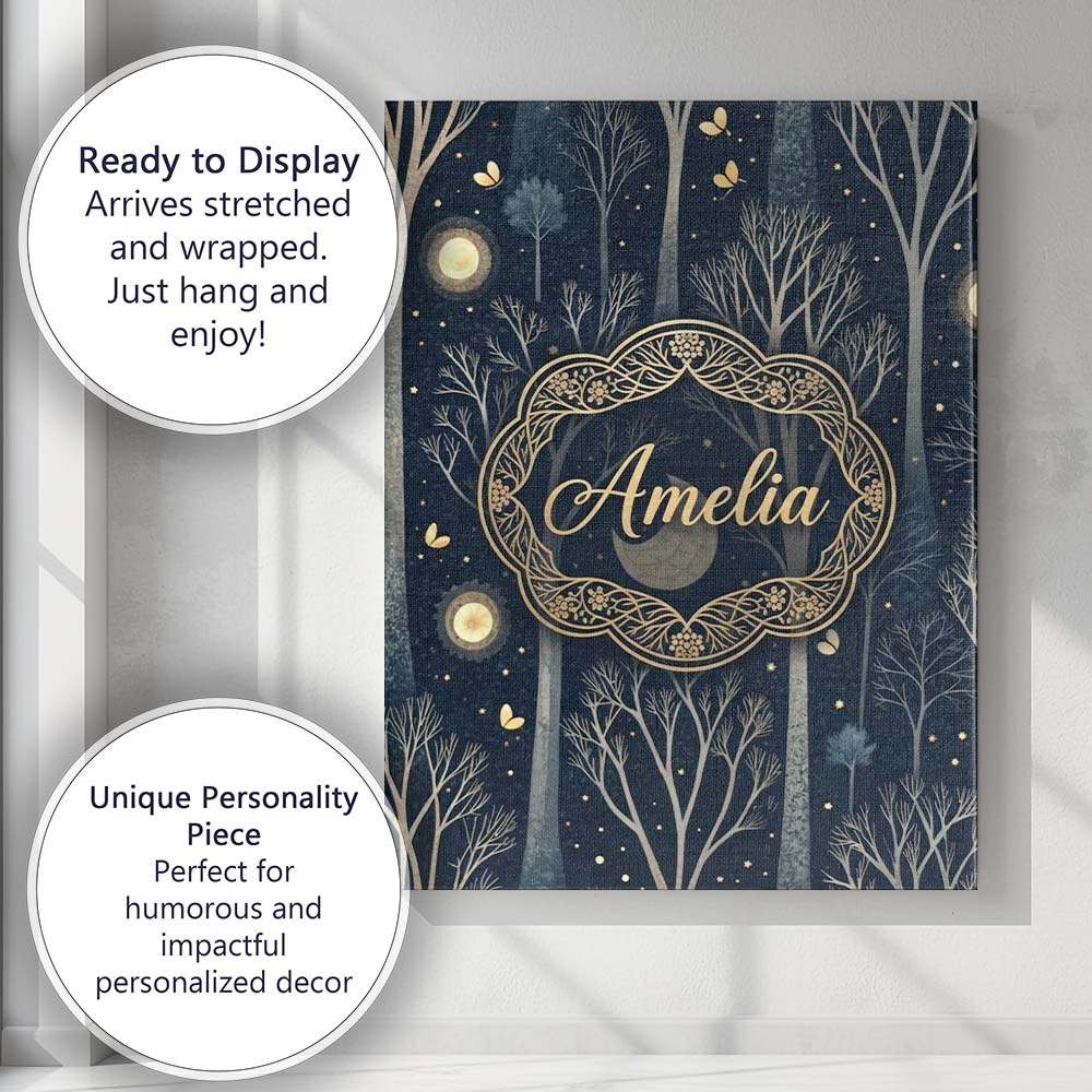 Personalised Name Mystical Forest Trees Moon Starry Night Seamless Custom Unique Canvas Wall Art Print Decor Picture Ready to Hang