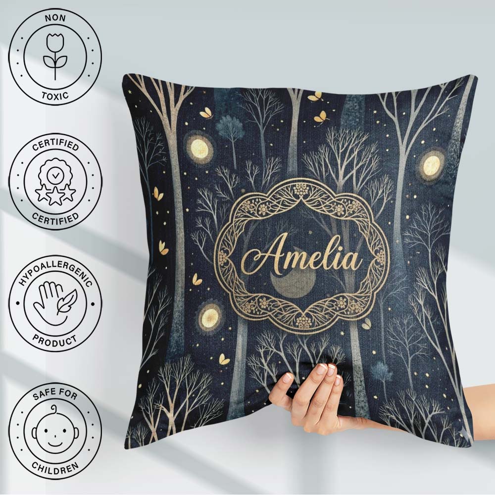 Custom Name Mystical Forest Trees Starry Night Seamless Pattern Square Filled Cushion Throw Pillow Sofa Bed Home Decor Zip Washable UK Made
