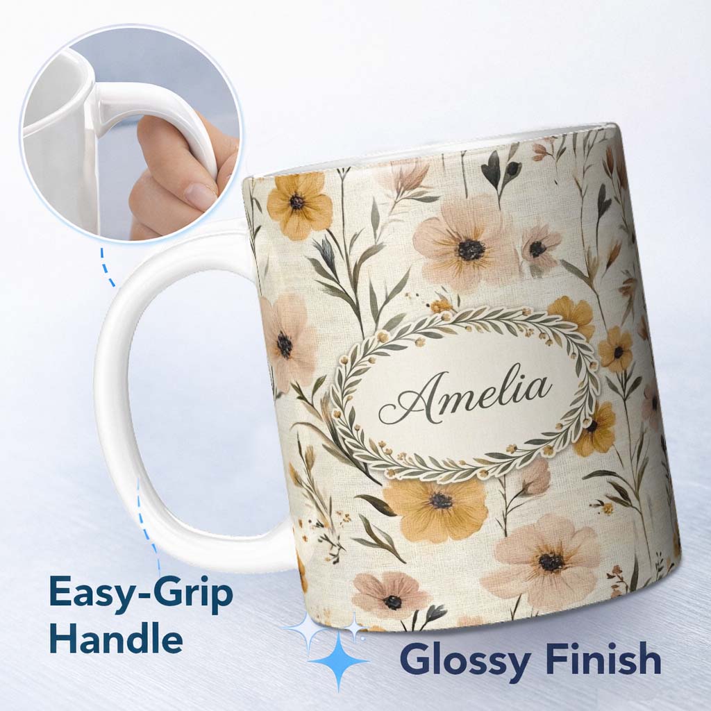Personalized Custom Name Neutral Linen Style Floral Botanical Seamless Pattern Lovely 11oz Ceramic Coffee Tea Mug White Large Handle