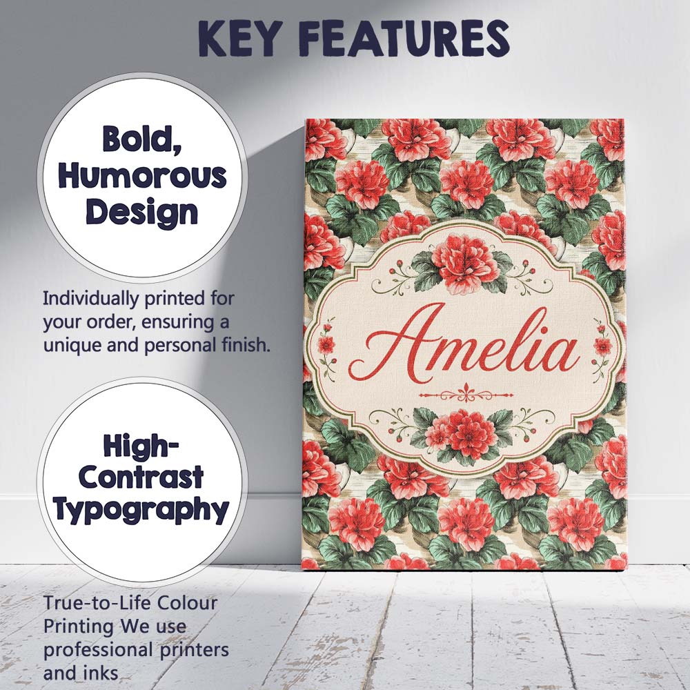 Personalised Name Classic Red Rose Cluster Custom Unique Gift Idea Elegant Feature Canvas Wall Art Print Decor Picture Ready to Hang