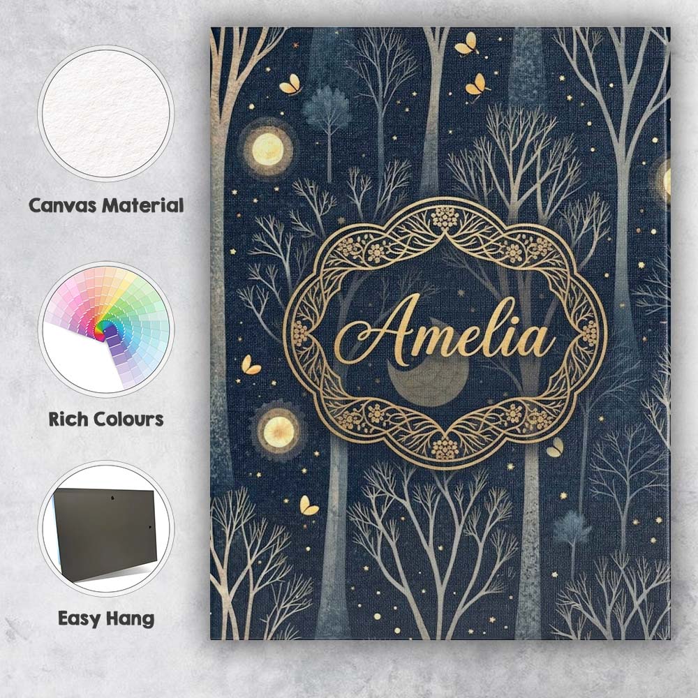 Personalised Name Mystical Forest Trees Moon Starry Night Seamless Custom Unique Canvas Wall Art Print Decor Picture Ready to Hang