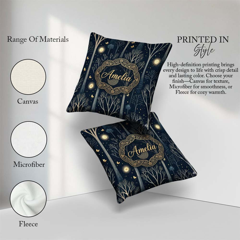 Custom Name Mystical Forest Trees Starry Night Seamless Pattern Square Filled Cushion Throw Pillow Sofa Bed Home Decor Zip Washable UK Made