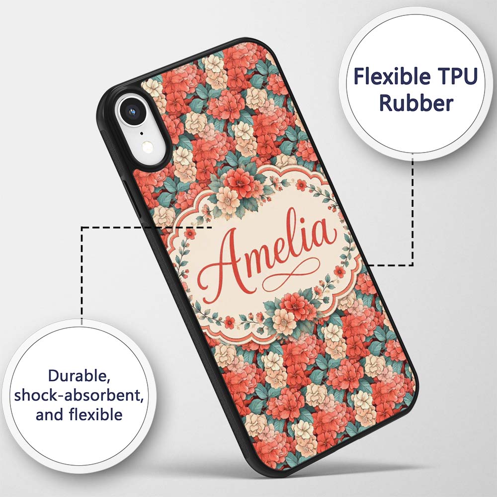 Peach and Red Floral Elegant Seamless Pattern Custom Name Protective Phone Case Mobile Cover Durable Everyday Smartphone Shock Resistant