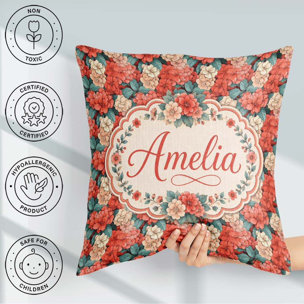 Custom Name Peach and Red Floral Elegant Pattern Dark Background Square Filled Cushion Throw Pillow Sofa Bed Home Decor Zip Washable UK Made