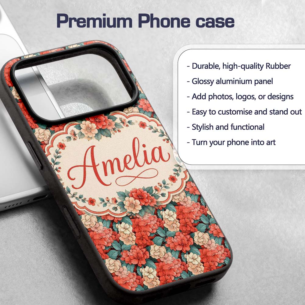 Peach and Red Floral Elegant Seamless Pattern Custom Name Protective Phone Case Mobile Cover Durable Everyday Smartphone Shock Resistant