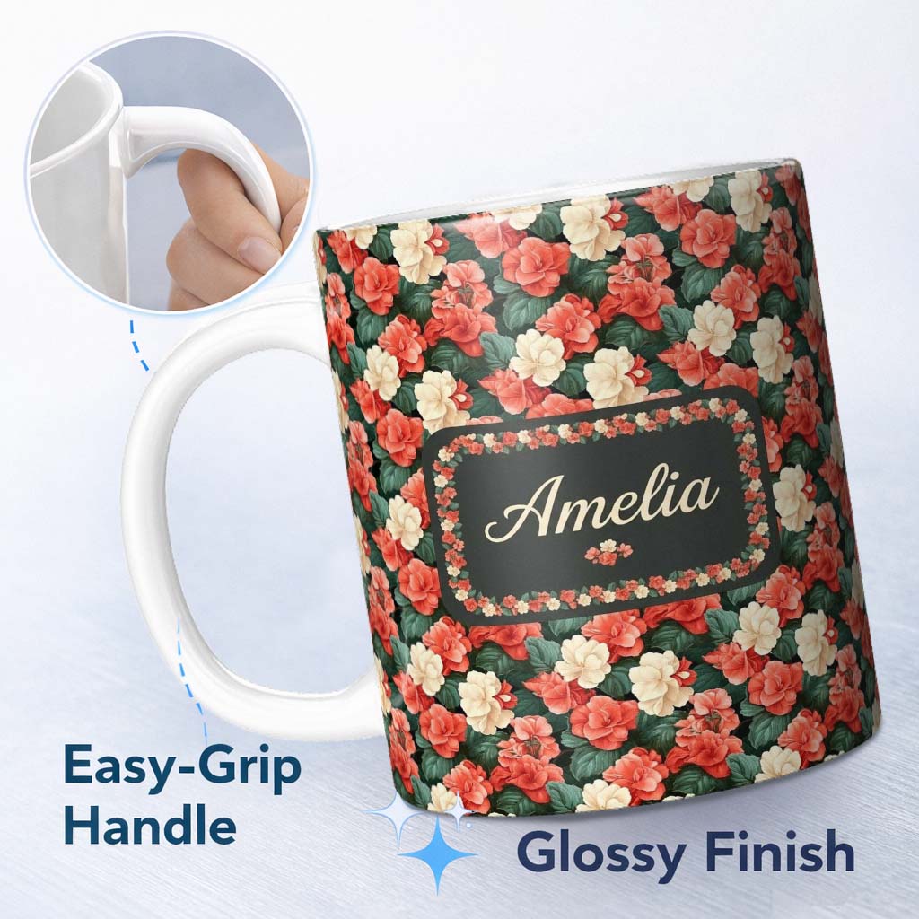 Personalized Custom Name Classic Red and Cream Floral Vintage Seamless Pattern Elegant Name 11oz Ceramic Coffee Tea Mug White Large Handle