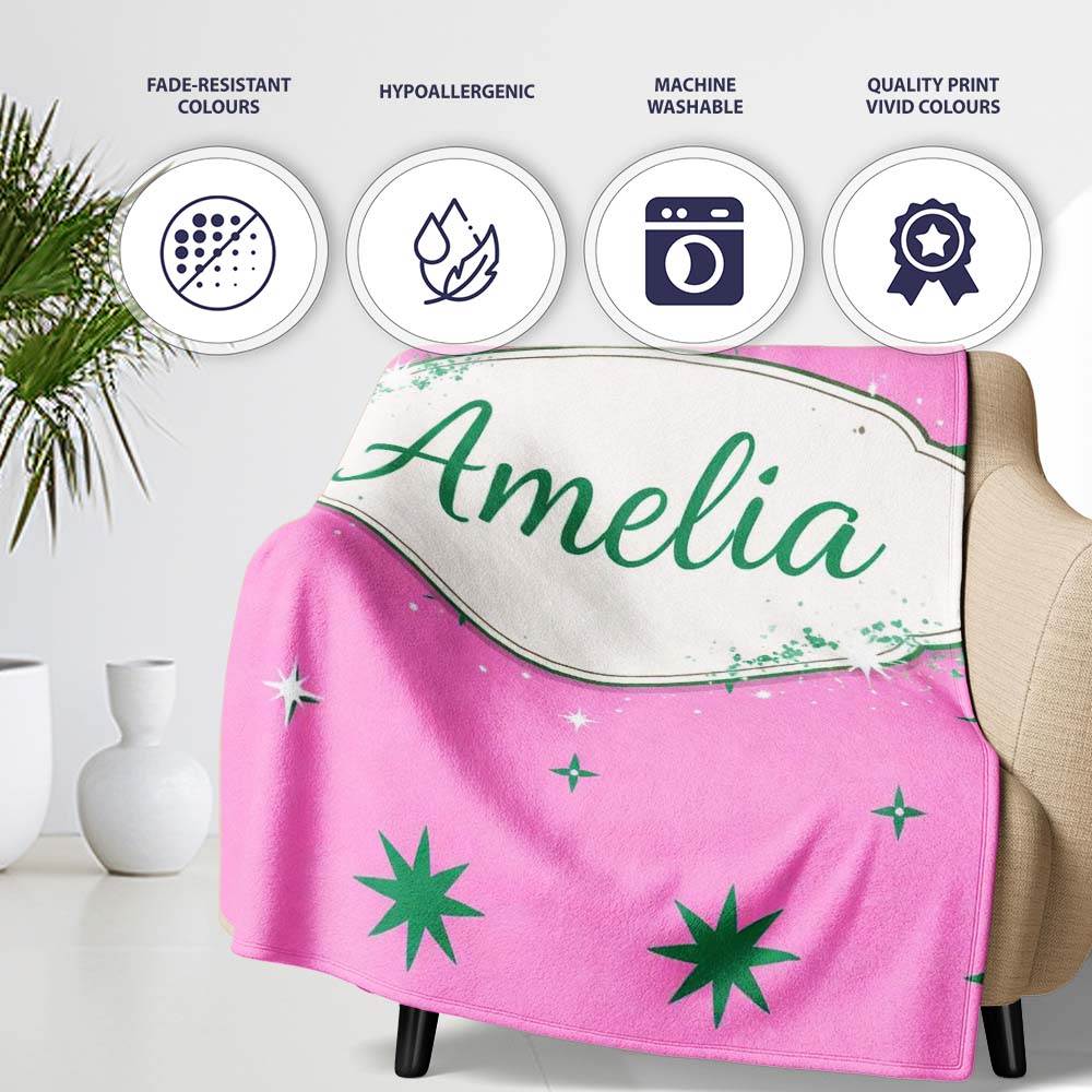Green Star Shapes on Pink Background Seamless Pattern Lovely Personalised Custom Name Super Soft Fleece Blanket Bed Sofa Throw