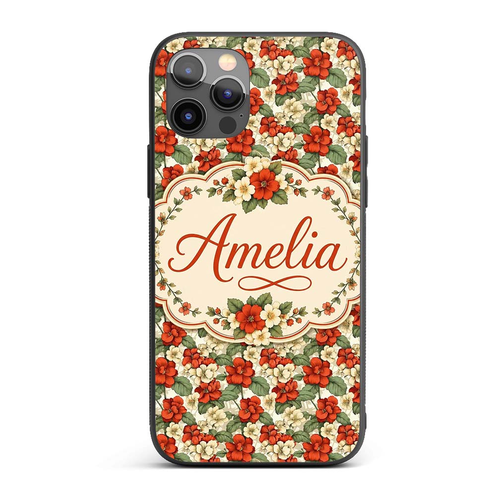 Red and Cream Floral Garden Seamless Pattern Custom Name Protective Phone Case Mobile Cover Durable Everyday Smartphone Shock Resistant