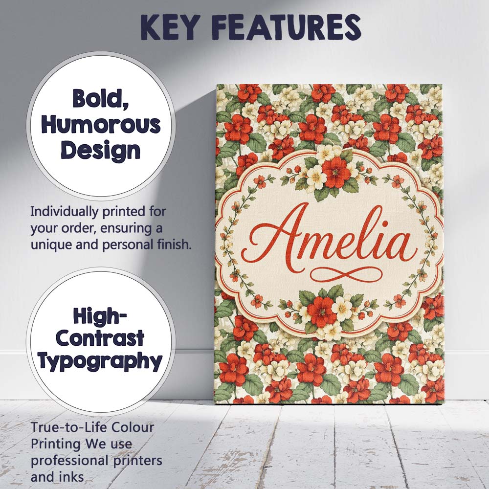 Personalised Name Red and Cream Floral Custom Modern Room Accent Elegant Feature Canvas Wall Art Print Decor Picture Ready to Hang