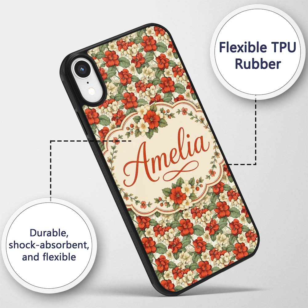 Red and Cream Floral Garden Seamless Pattern Custom Name Protective Phone Case Mobile Cover Durable Everyday Smartphone Shock Resistant