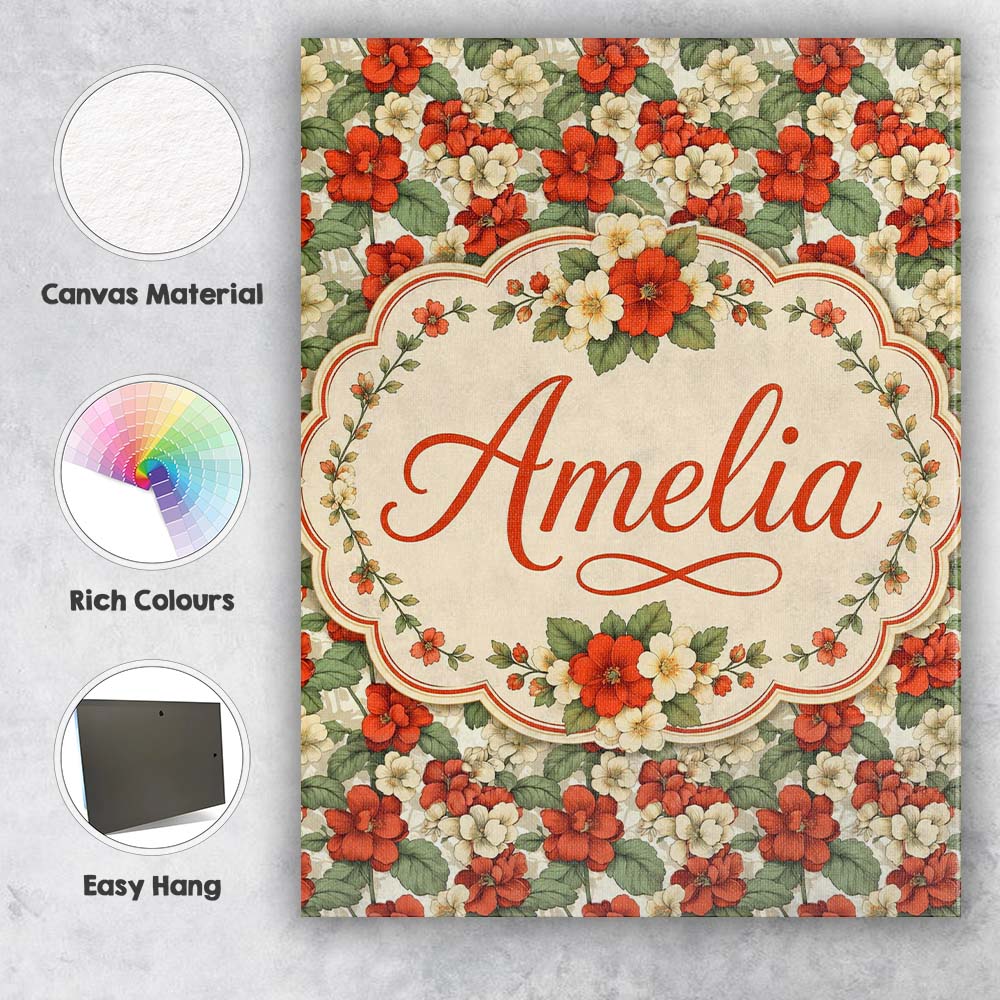 Personalised Name Red and Cream Floral Custom Modern Room Accent Elegant Feature Canvas Wall Art Print Decor Picture Ready to Hang
