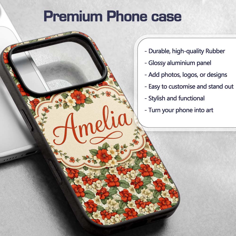 Red and Cream Floral Garden Seamless Pattern Custom Name Protective Phone Case Mobile Cover Durable Everyday Smartphone Shock Resistant