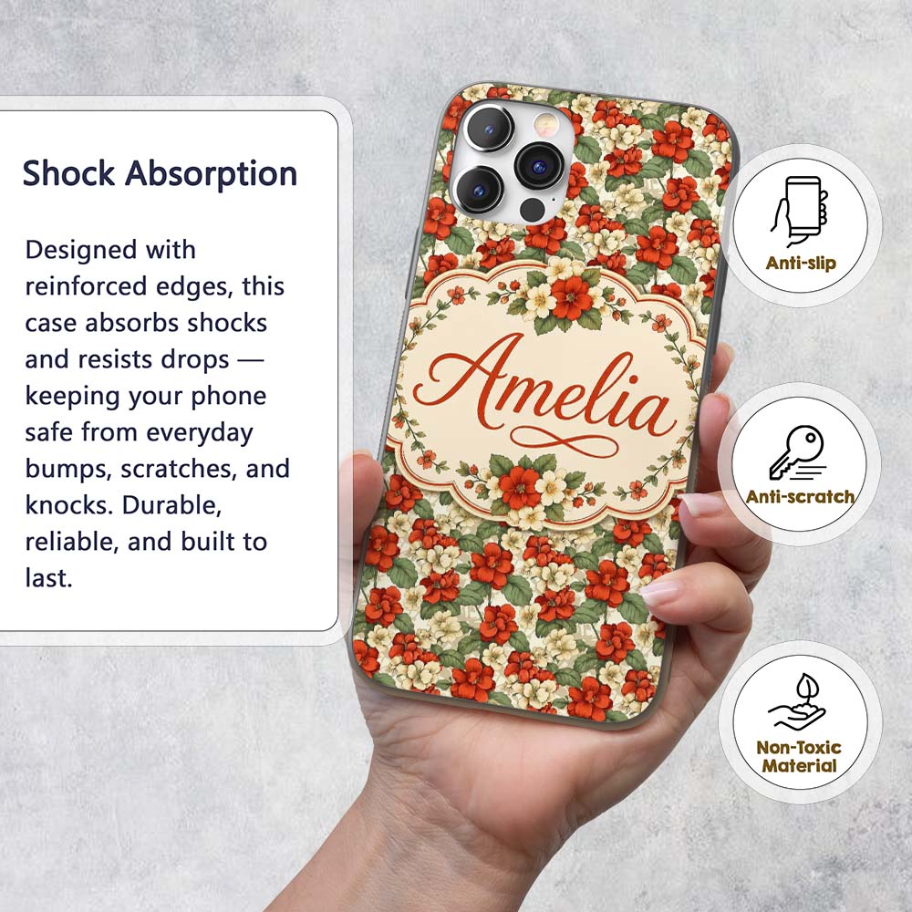 Red and Cream Floral Garden Seamless Pattern Custom Name Protective Phone Case Mobile Cover Durable Everyday Smartphone Shock Resistant