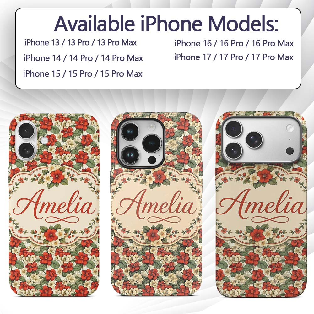 Red and Cream Floral Garden Seamless Pattern Custom Name Protective Phone Case Mobile Cover Durable Everyday Smartphone Shock Resistant