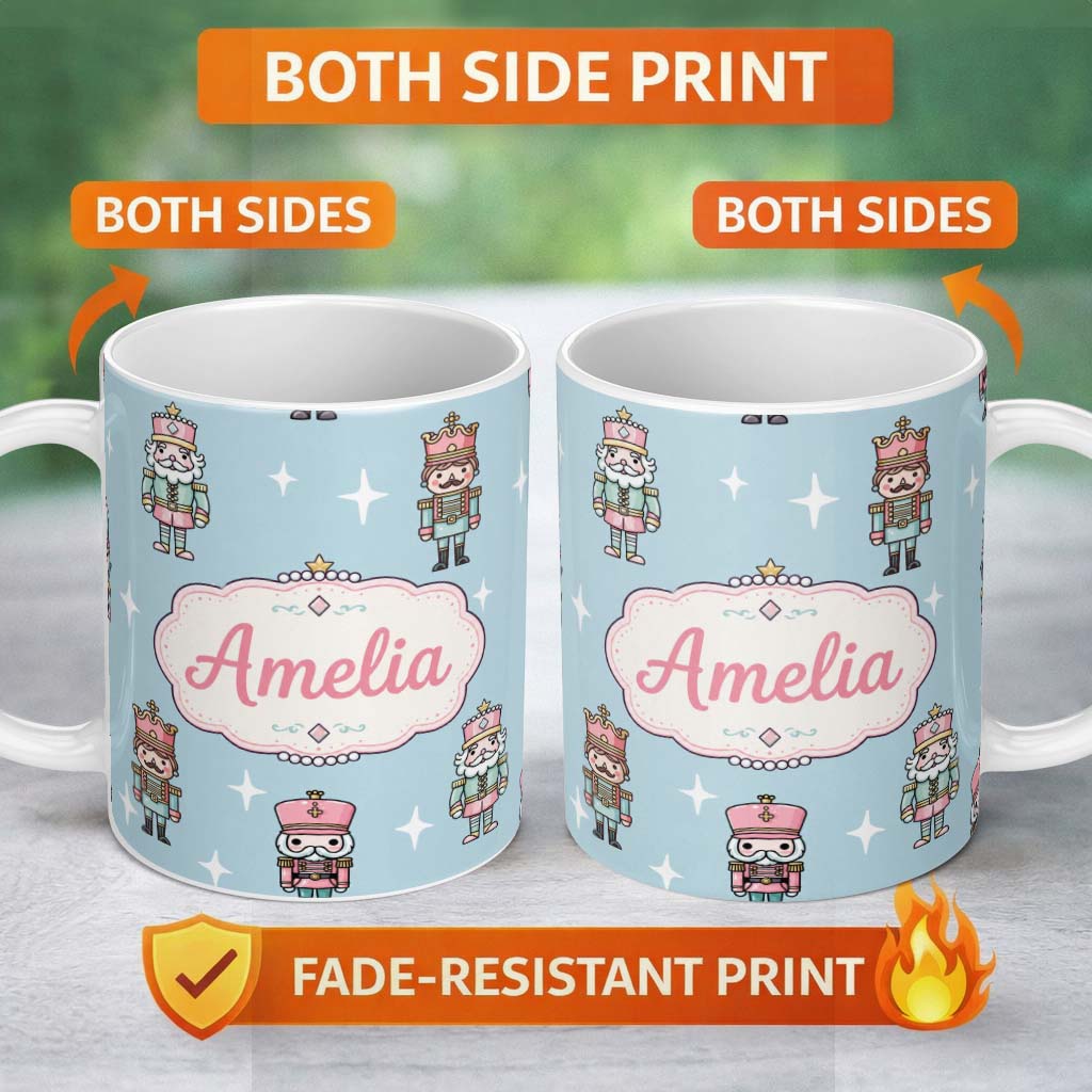 Personalized Custom Name Cute Nutcracker Soldiers Christmas Toy Characters Pattern Soft Blue 11oz Ceramic Coffee Tea Mug White Large Handle