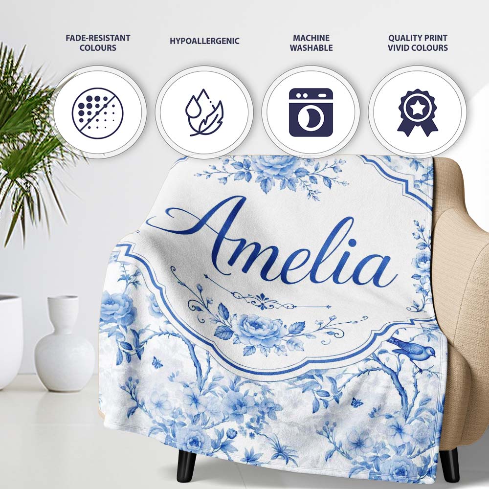 Blue Bird and Floral Toile Seamless Pattern Vintage Garden Scene Personalised Custom Name Super Soft Fleece Blanket Bed Sofa Throw