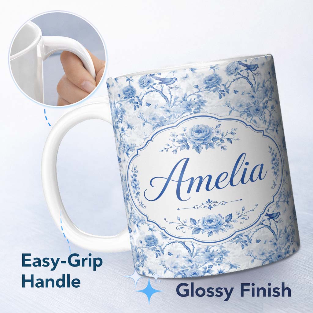 Personalized Custom Name Blue Bird and Floral Toile Seamless Pattern Vintage Garden Scene 11oz Ceramic Coffee Tea Mug White Large Handle