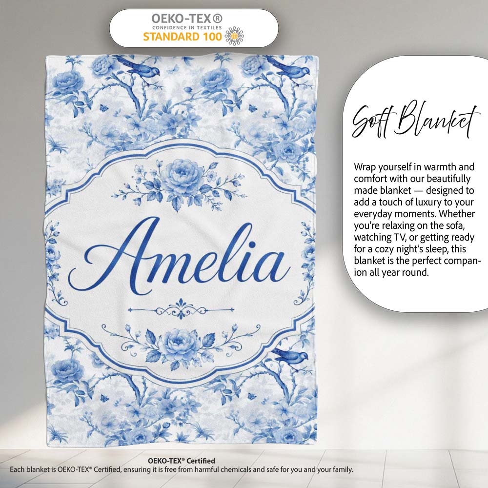 Blue Bird and Floral Toile Seamless Pattern Vintage Garden Scene Personalised Custom Name Super Soft Fleece Blanket Bed Sofa Throw