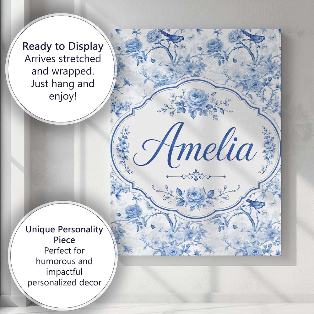 Personalised Name Blue Bird and Floral Custom Modern Room Accent Elegant Feature Canvas Wall Art Print Decor Picture Ready to Hang