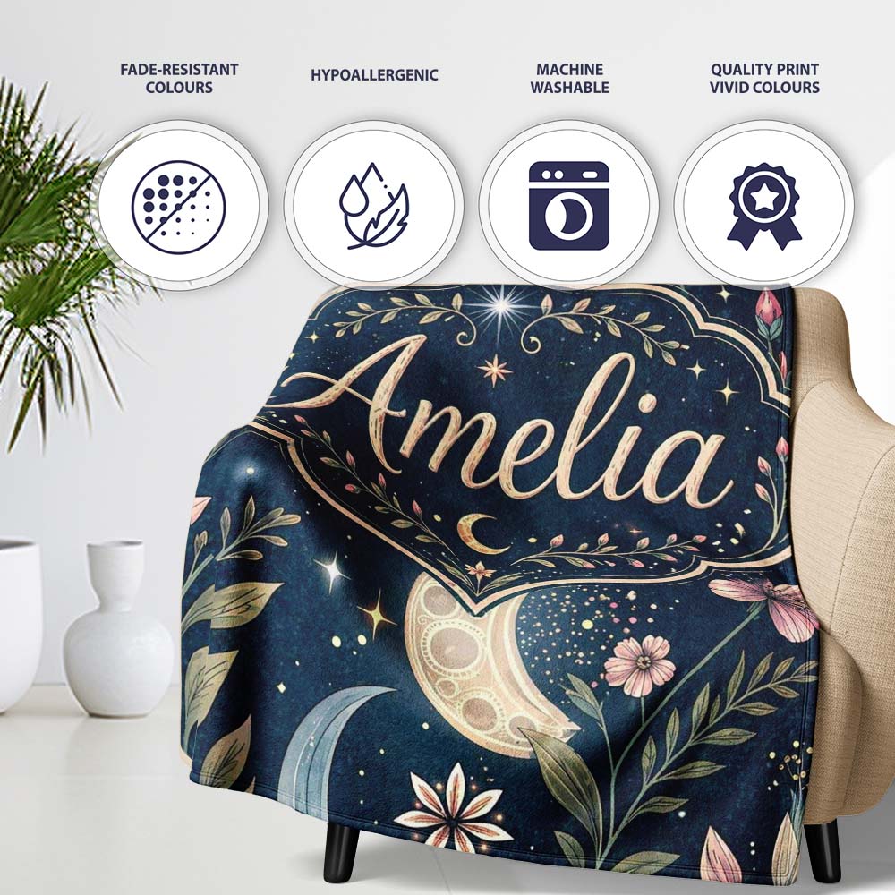 Pink Floral Moon Stars Celestial Night Seamless Pattern Lovely Personalised Custom Name Super Soft Fleece Blanket Bed Sofa Throw