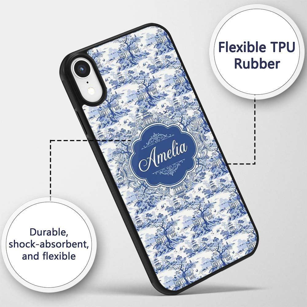 Blue Asian Garden Landscape Toile Printed Design Custom Name Protective Phone Case Mobile Cover Durable Everyday Smartphone Shock Resistant