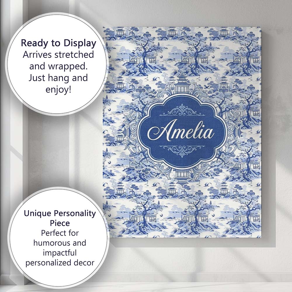 Personalised Name Blue Asian Garden Landscape Custom Unique Gift Idea Modern Room Accent Canvas Wall Art Print Decor Picture Ready to Hang