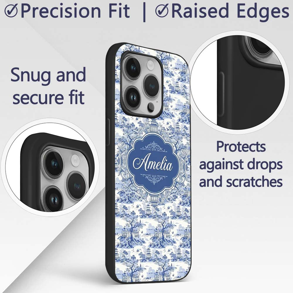 Blue Asian Garden Landscape Toile Printed Design Custom Name Protective Phone Case Mobile Cover Durable Everyday Smartphone Shock Resistant