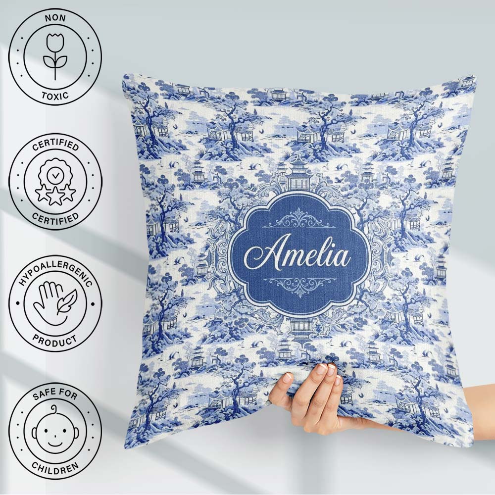 Custom Name Asian Garden Landscape Toile Seamless Pattern Scenic Square Filled Cushion Throw Pillow Sofa Bed Home Decor Zip Washable UK Made