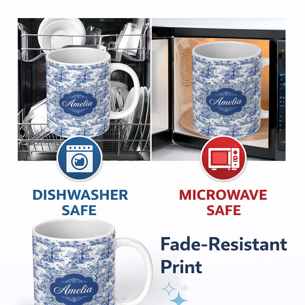 Personalized Custom Name Blue Asian Garden Landscape Toile Seamless Pattern Scenic Custom 11oz Ceramic Coffee Tea Mug White Large Handle