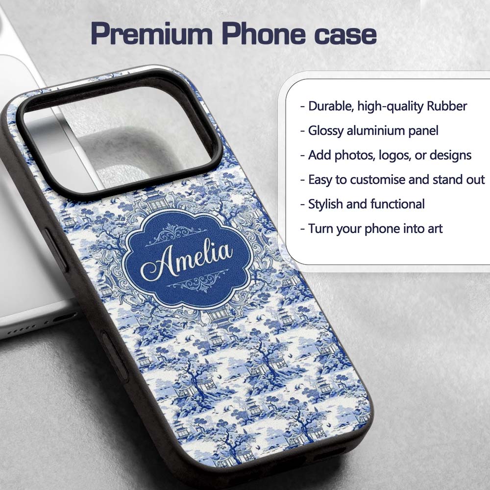 Blue Asian Garden Landscape Toile Printed Design Custom Name Protective Phone Case Mobile Cover Durable Everyday Smartphone Shock Resistant