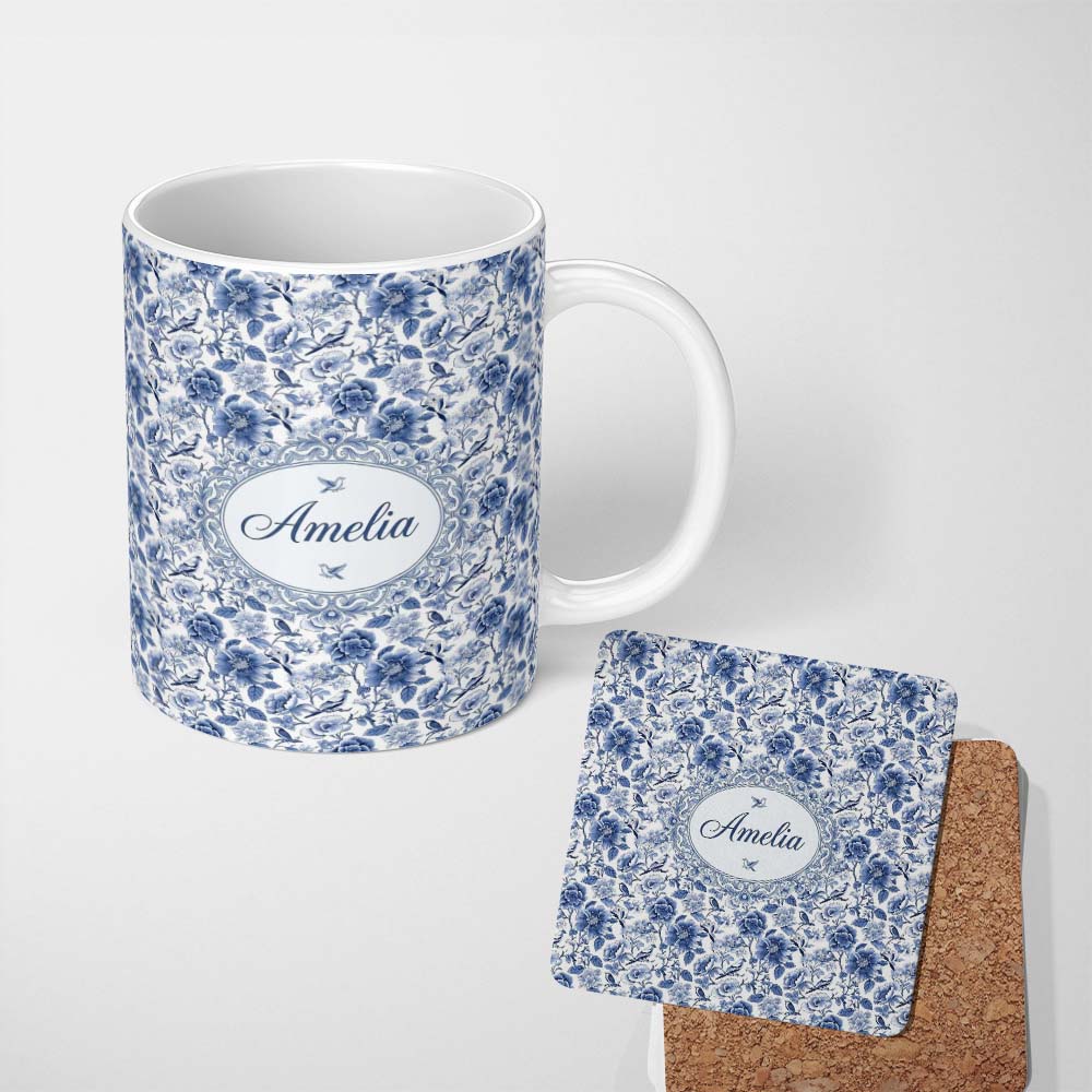 Personalized Custom Name Blue Floral and Bird Detailed Seamless Pattern Classic Toile Name 11oz Ceramic Coffee Tea Mug White Large Handle