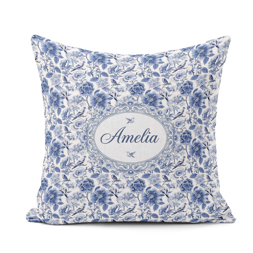 Custom Name Blue Floral and Bird Detailed Seamless Pattern Toile Square Filled Cushion Throw Pillow Sofa Bed Home Decor Zip Washable UK Made