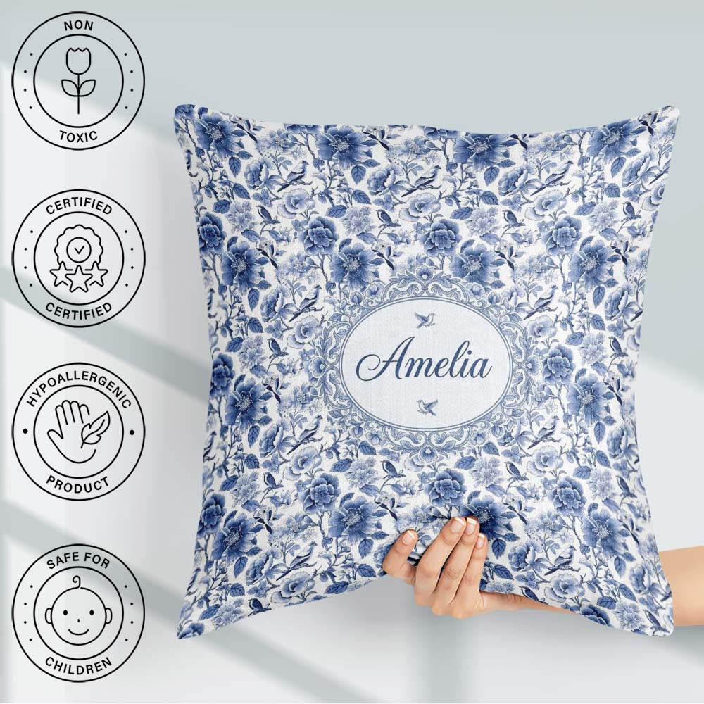 Custom Name Blue Floral and Bird Detailed Seamless Pattern Toile Square Filled Cushion Throw Pillow Sofa Bed Home Decor Zip Washable UK Made