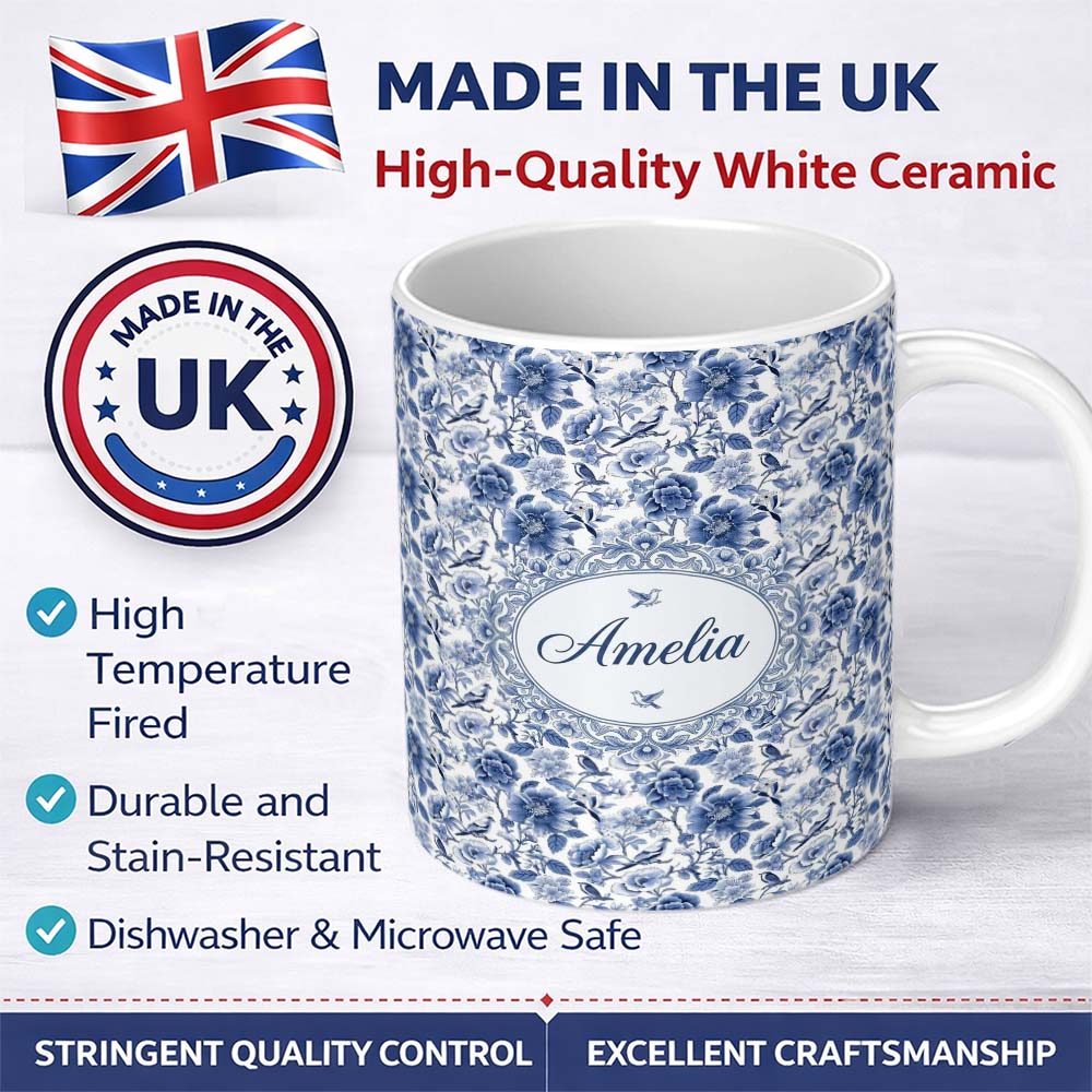 Personalized Custom Name Blue Floral and Bird Detailed Seamless Pattern Classic Toile Name 11oz Ceramic Coffee Tea Mug White Large Handle