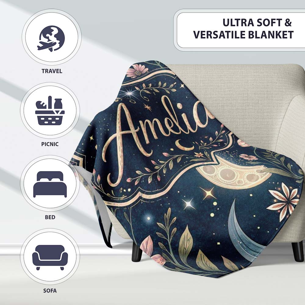 Pink Floral Moon Stars Celestial Night Seamless Pattern Lovely Personalised Custom Name Super Soft Fleece Blanket Bed Sofa Throw