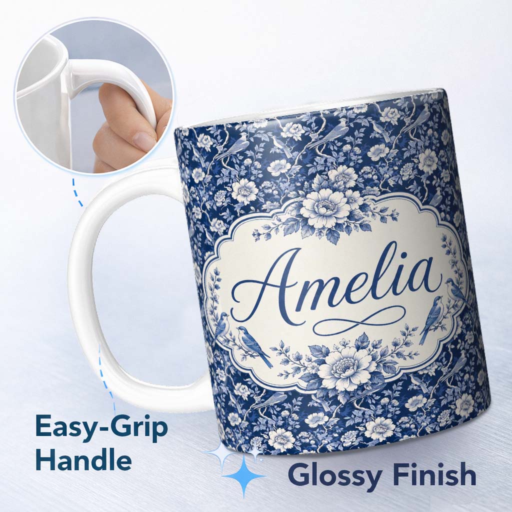 Personalized Custom Name Elegant Blue Floral Birds Branch Pattern Seamless Vintage Style 11oz Ceramic Coffee Tea Mug White Large Handle