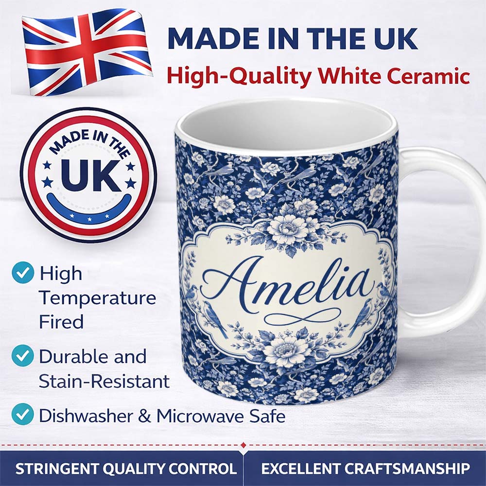 Personalized Custom Name Elegant Blue Floral Birds Branch Pattern Seamless Vintage Style 11oz Ceramic Coffee Tea Mug White Large Handle