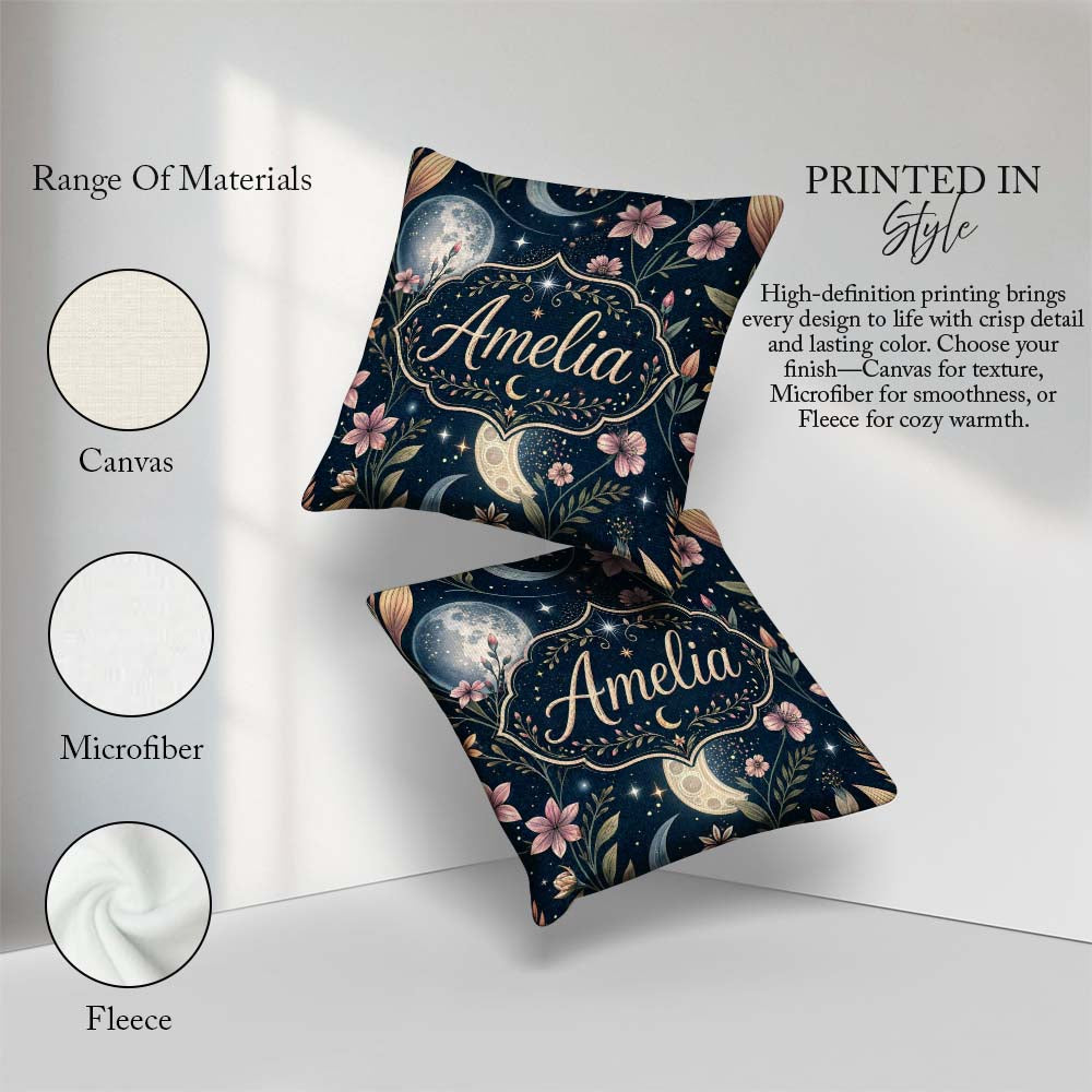Custom Name Pink Floral Moon Stars Night Seamless Pattern Lovely Square Filled Cushion Throw Pillow Sofa Bed Home Decor Zip Washable UK Made