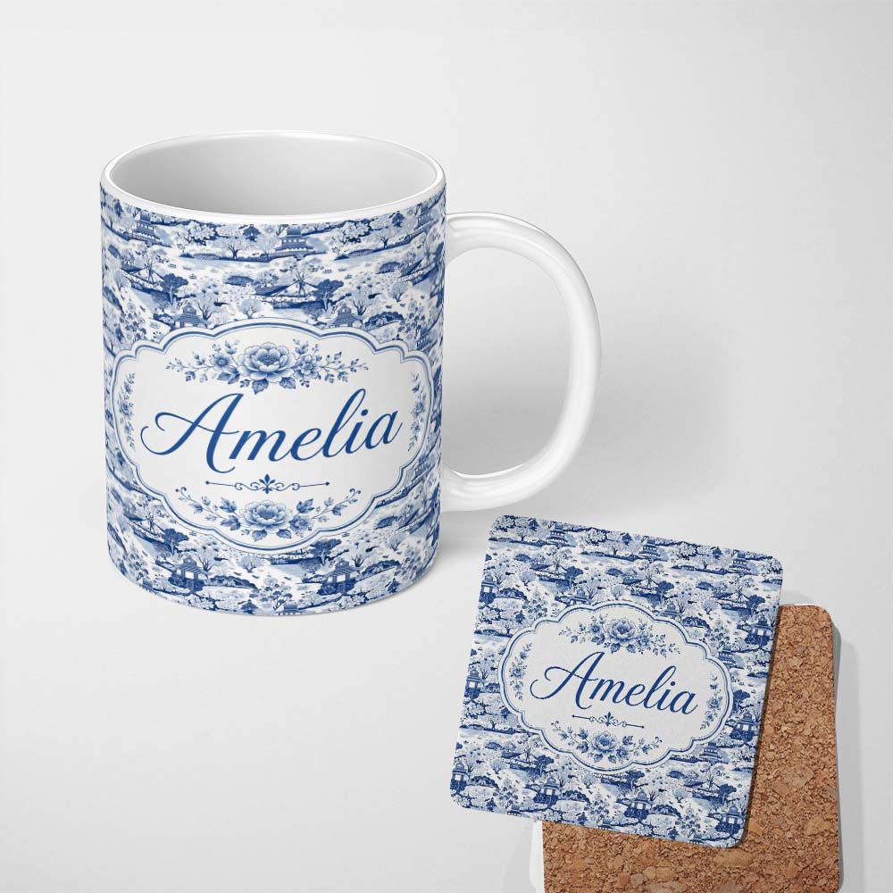 Personalized Custom Name Classic Oriental Landscape Pagoda Garden Scenic Seamless Pattern 11oz Ceramic Coffee Tea Mug White Large Handle