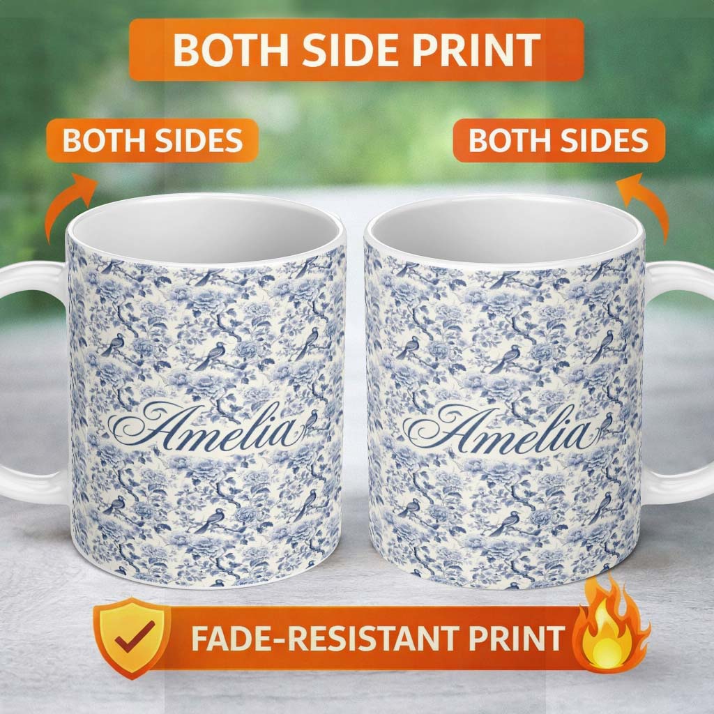 Personalized Custom Name Soft Blue Floral Bird Branch Toile Style Seamless Vintage Pattern 11oz Ceramic Coffee Tea Mug White Large Handle