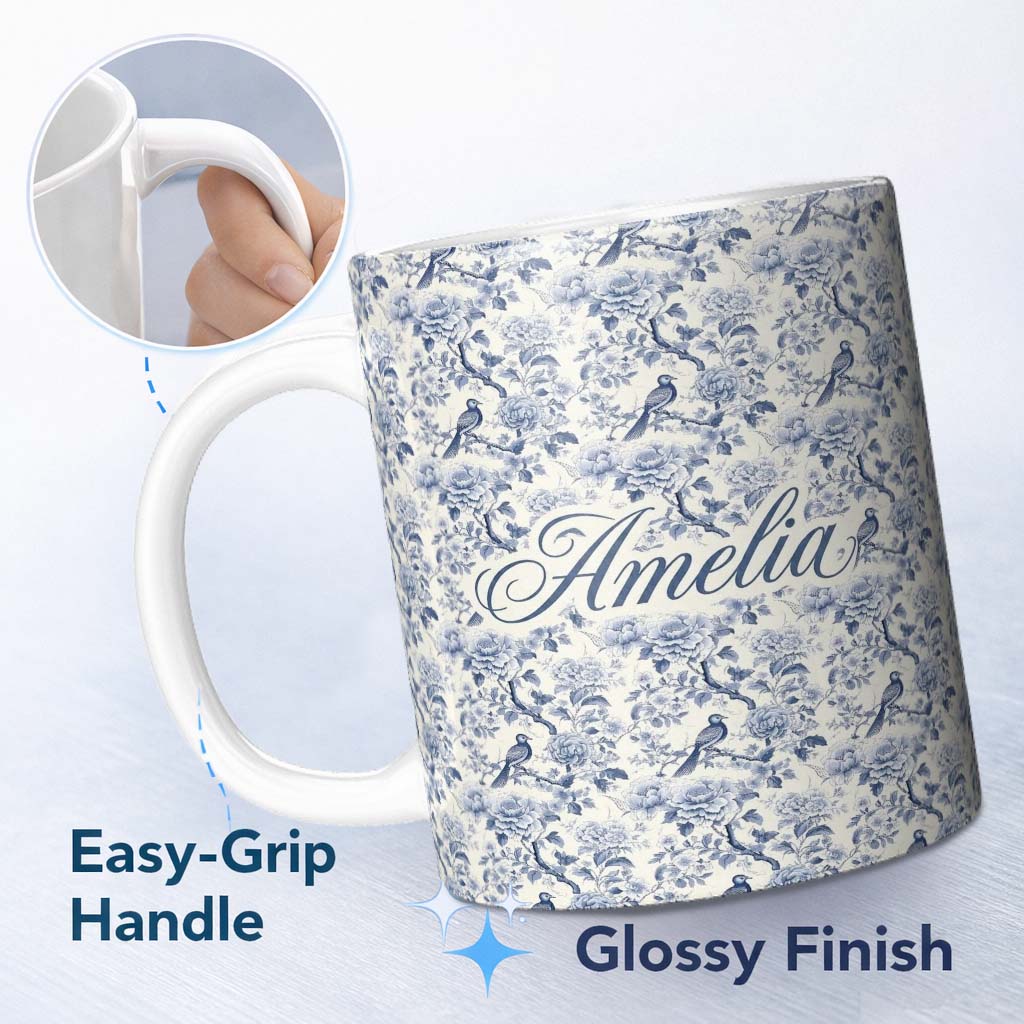 Personalized Custom Name Soft Blue Floral Bird Branch Toile Style Seamless Vintage Pattern 11oz Ceramic Coffee Tea Mug White Large Handle
