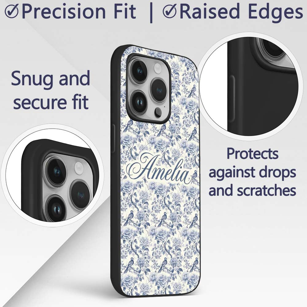 Soft Blue Floral Bird Branch Toile Style Seamless Custom Name Protective Phone Case Mobile Cover Durable Everyday Smartphone Shock Resistant