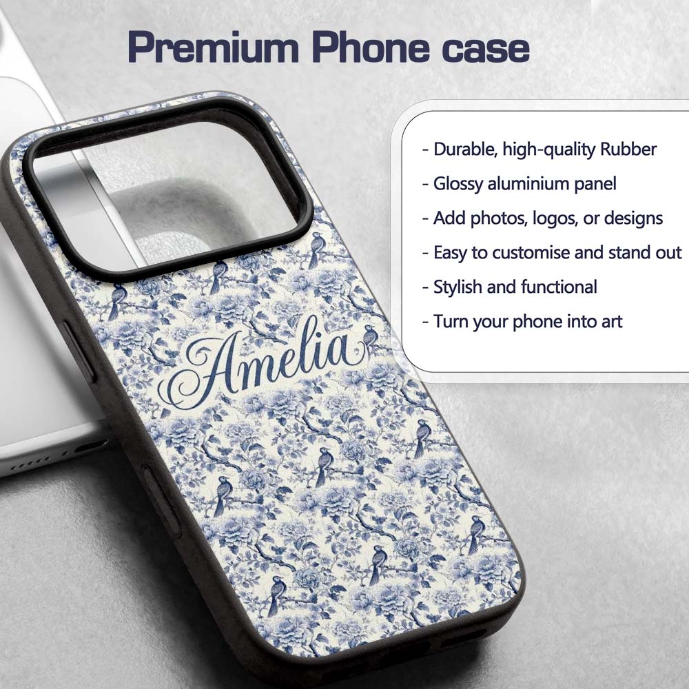 Soft Blue Floral Bird Branch Toile Style Seamless Custom Name Protective Phone Case Mobile Cover Durable Everyday Smartphone Shock Resistant