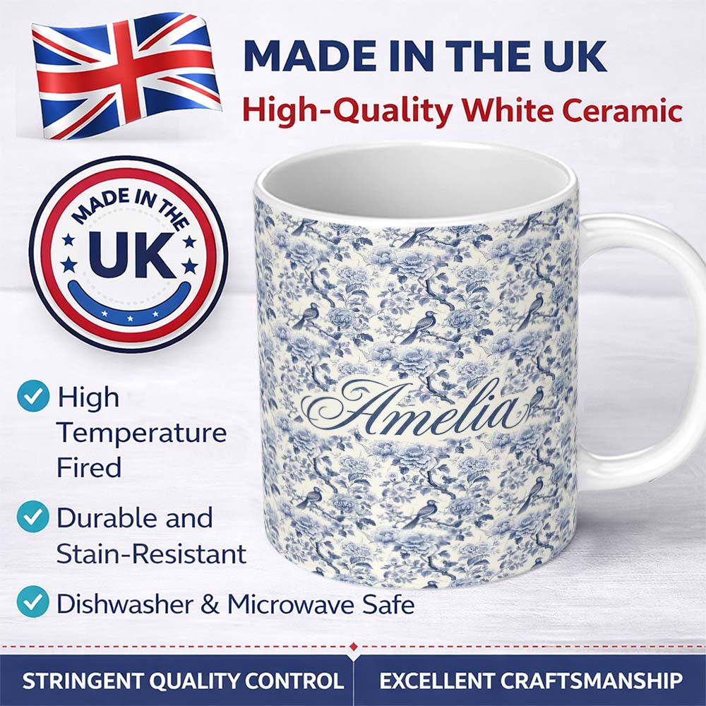 Personalized Custom Name Soft Blue Floral Bird Branch Toile Style Seamless Vintage Pattern 11oz Ceramic Coffee Tea Mug White Large Handle