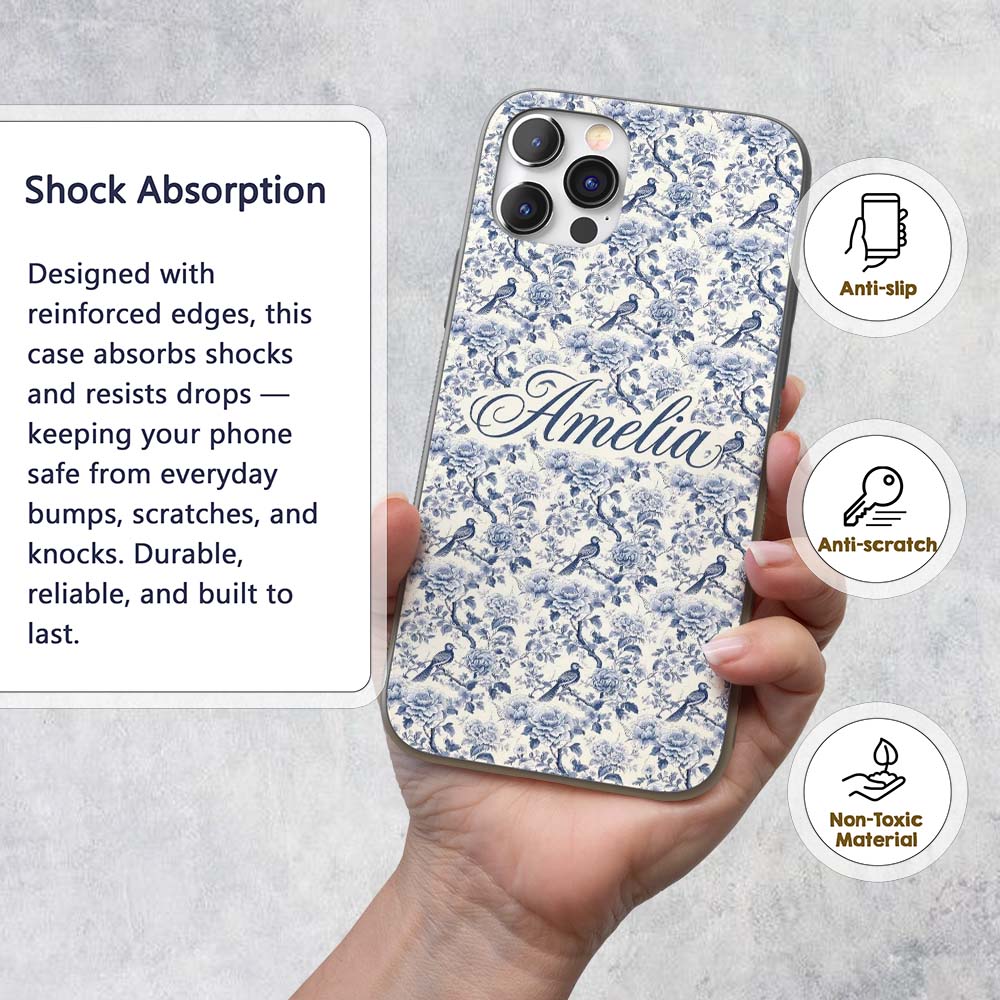 Soft Blue Floral Bird Branch Toile Style Seamless Custom Name Protective Phone Case Mobile Cover Durable Everyday Smartphone Shock Resistant