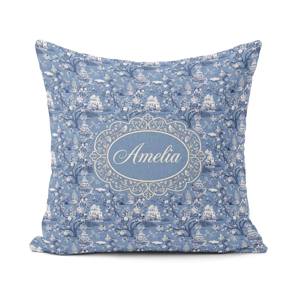 Custom Name Detailed Blue Chinoiserie Garden Birds Seamless Name Square Filled Cushion Throw Pillow Sofa Bed Home Decor Zip Washable UK Made