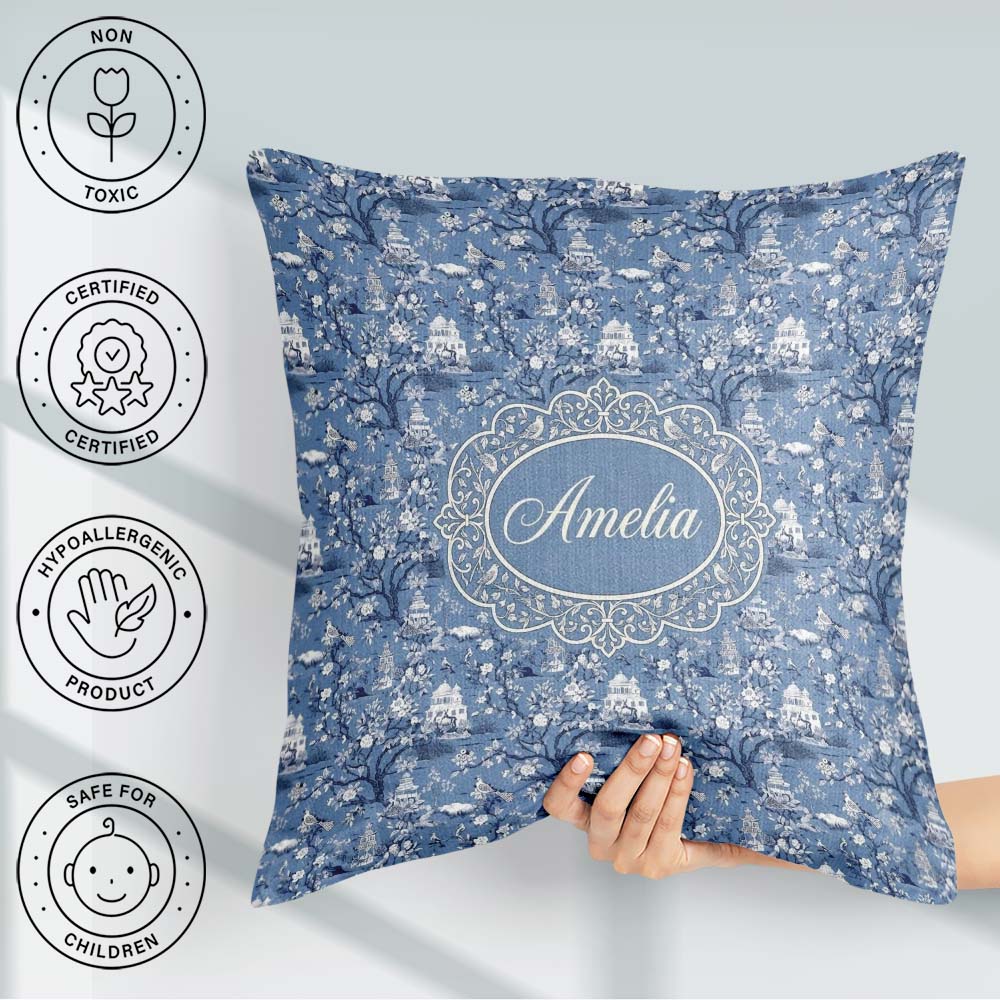 Custom Name Detailed Blue Chinoiserie Garden Birds Seamless Name Square Filled Cushion Throw Pillow Sofa Bed Home Decor Zip Washable UK Made