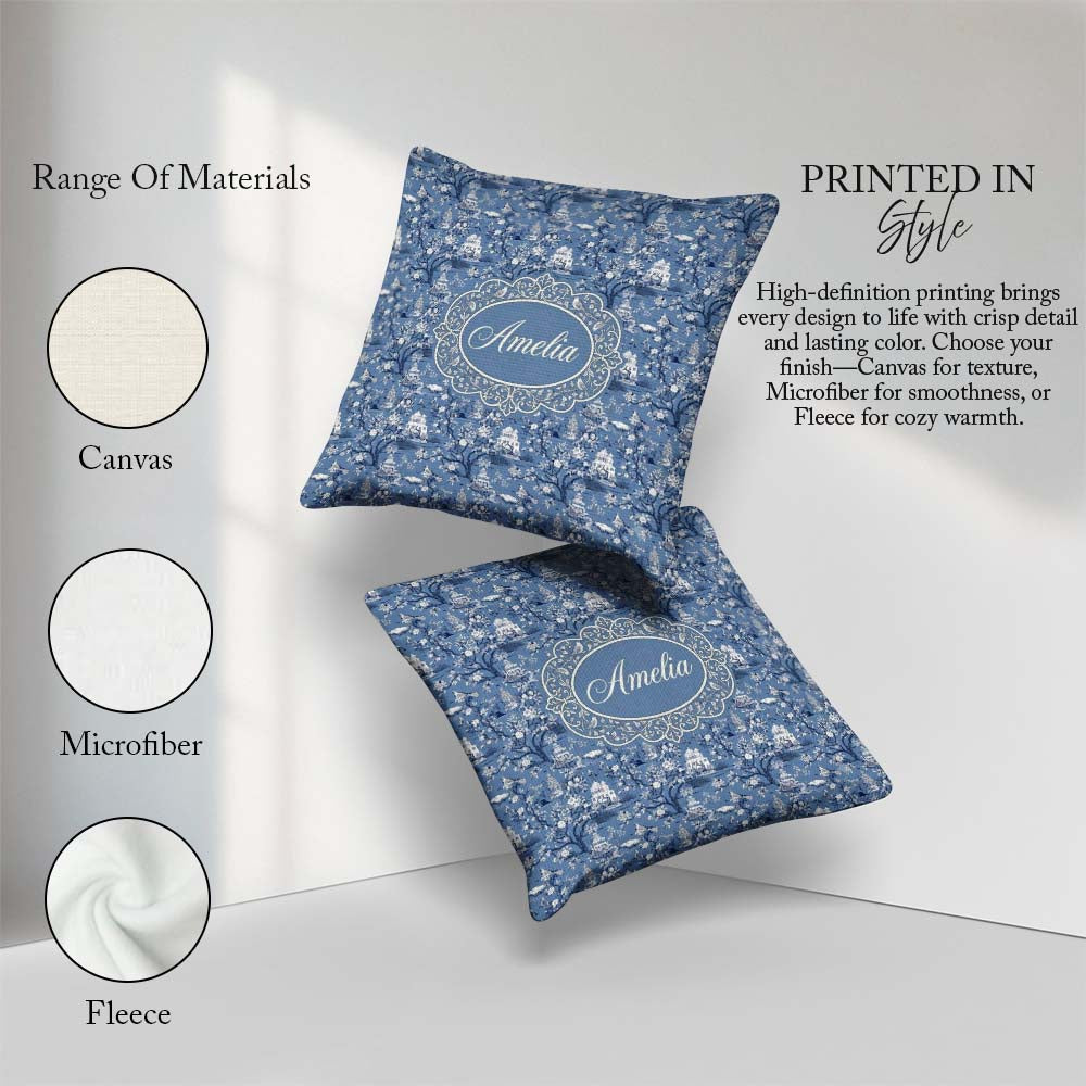 Custom Name Detailed Blue Chinoiserie Garden Birds Seamless Name Square Filled Cushion Throw Pillow Sofa Bed Home Decor Zip Washable UK Made