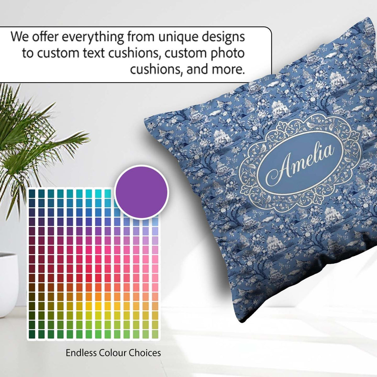 Custom Name Detailed Blue Chinoiserie Garden Birds Seamless Name Square Filled Cushion Throw Pillow Sofa Bed Home Decor Zip Washable UK Made